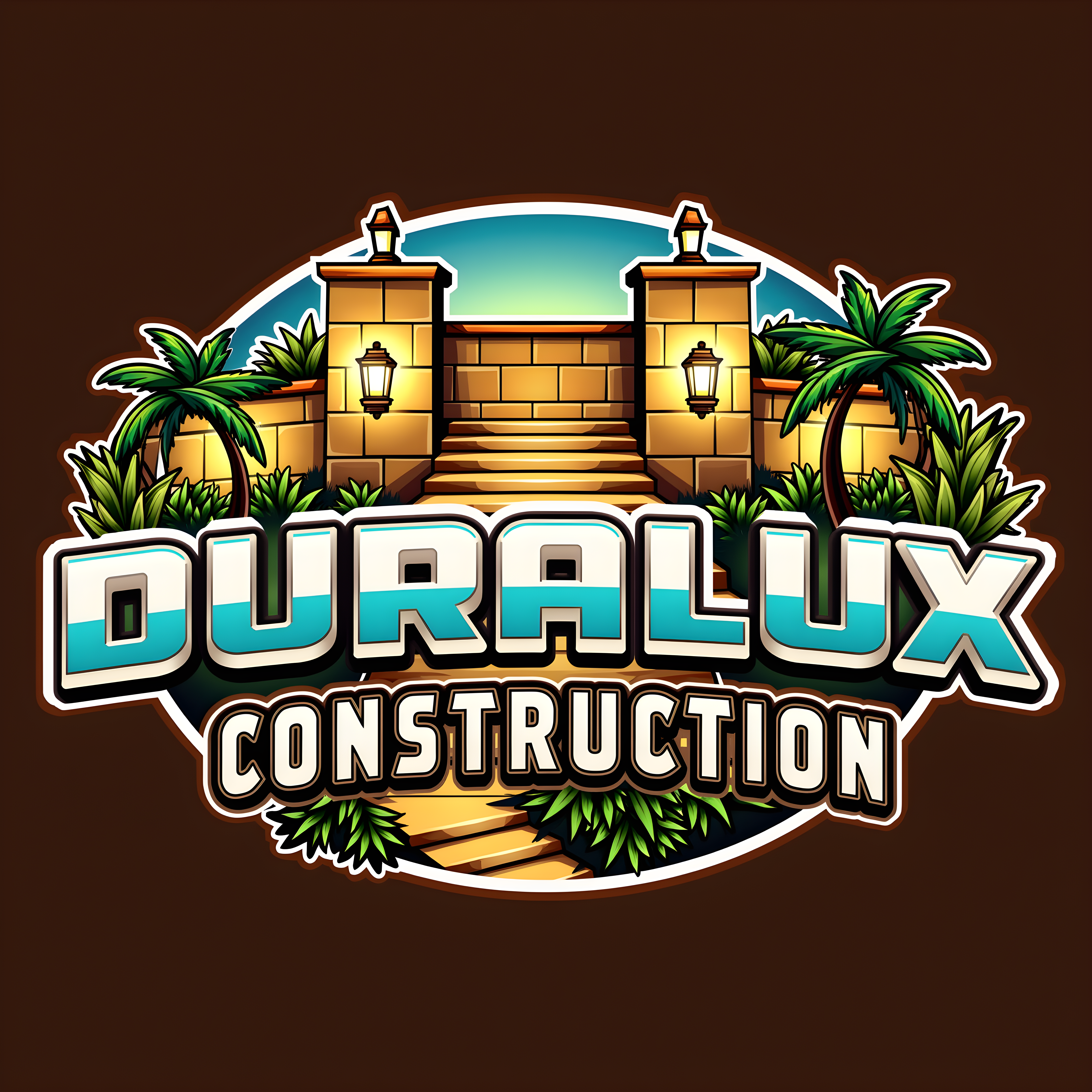 Duralux Construction logo featuring stone pillars, lanterns, and palm trees in a tropical outdoor setting.