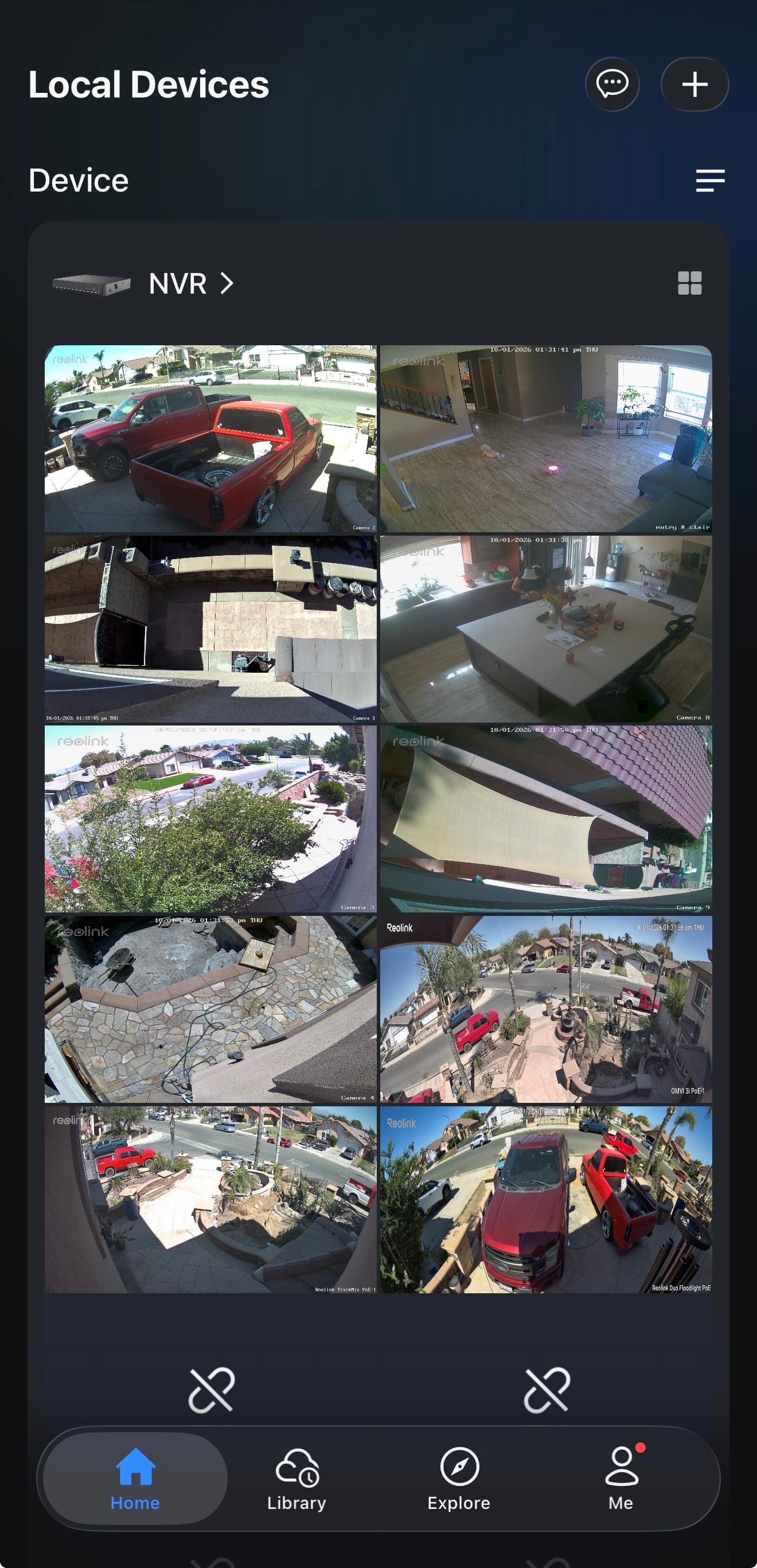 Reolink mobile app interface showing ten security camera feeds of indoor and outdoor areas.